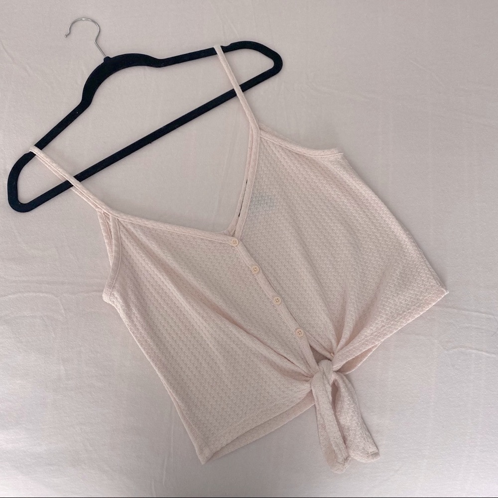 Blush Pink Tie Front Button Down Cami Crop Tank